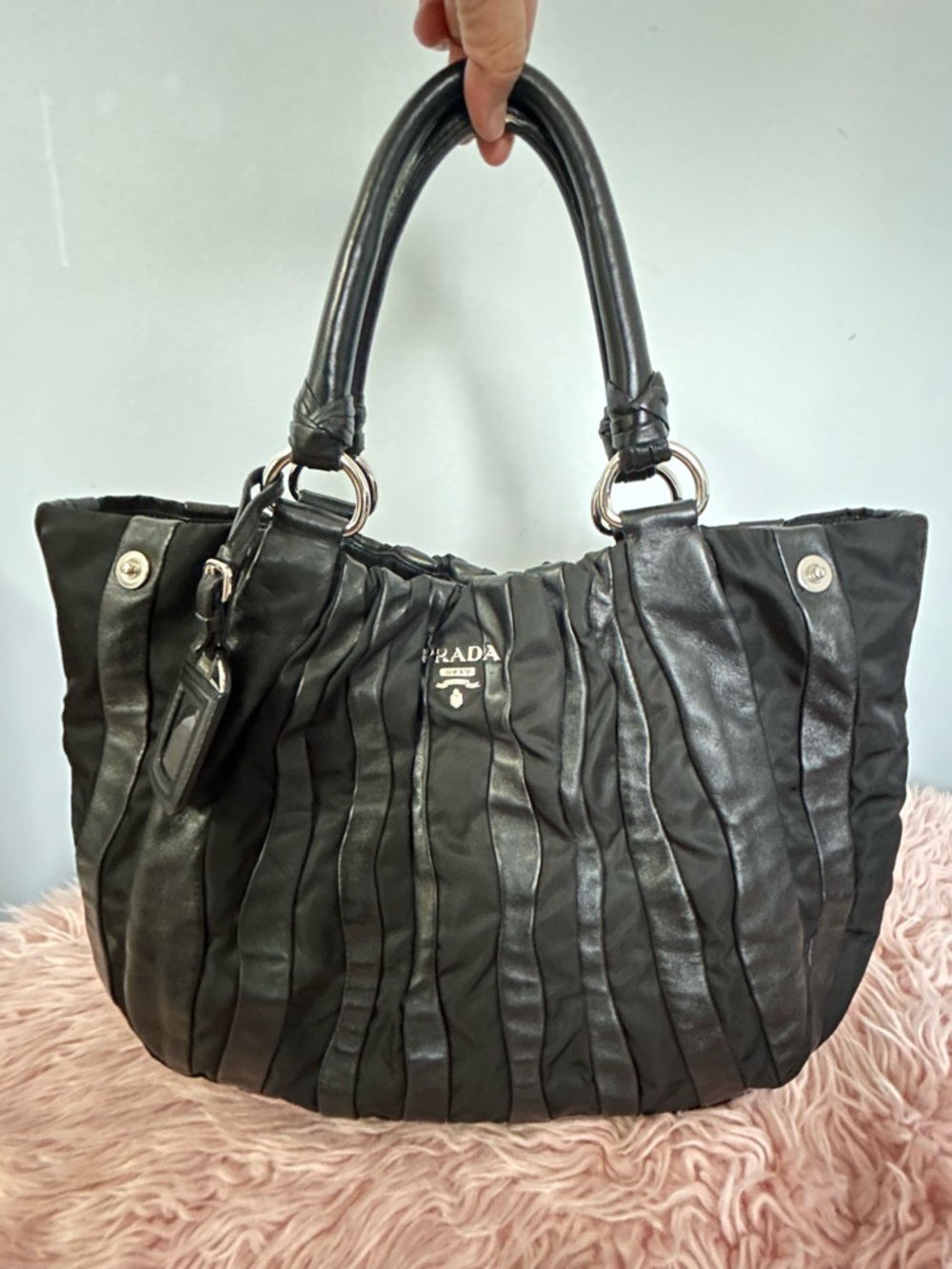 Prada Black Shoulder Bag with Vintage Scrollwork Leather Authetic.